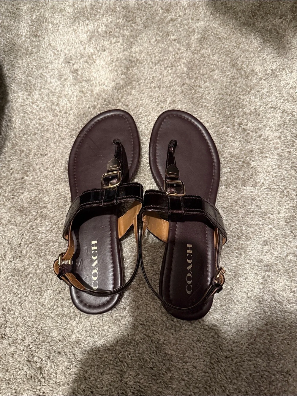 Coach Dark Brown Leather T-Strap Sandals with Gold Buckles